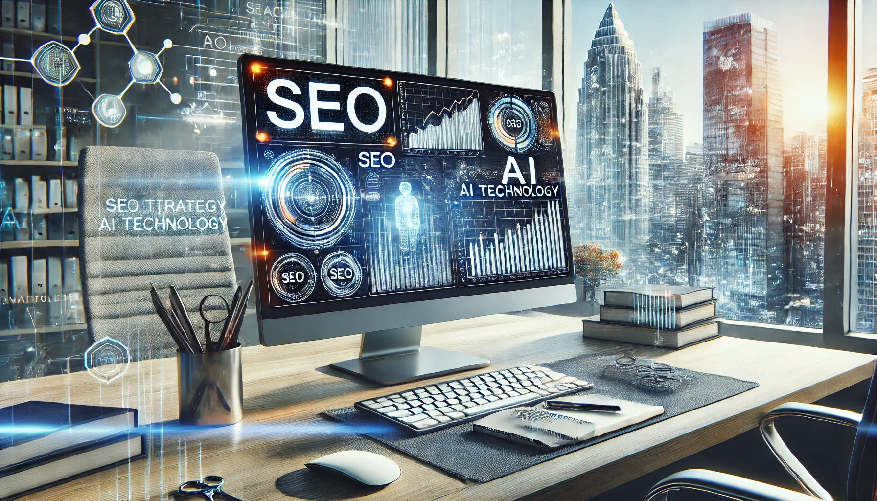 Modern office with computer showing SEO analytics and AI graphs